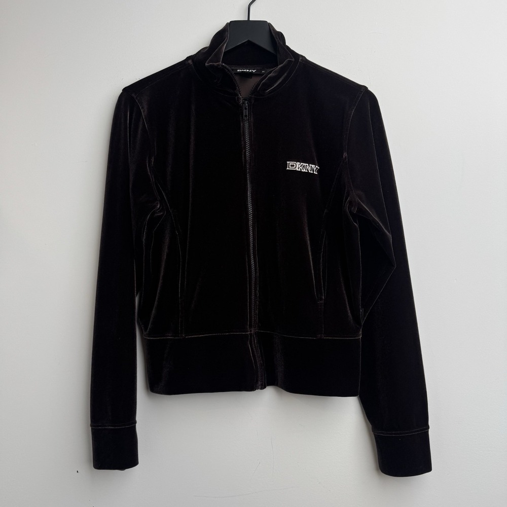 VTG DKNY Hoodie Womens M Brown Velour Track Jacket Velvet Zip Up Long Sleeve Y2K